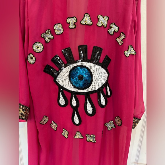 Constantly dreaming sequin pink sheer evil eye open front kimono robe - Picture 3 of 5